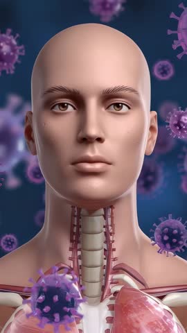 Vertical medical animation showing 3D model opening eyes, viruses drifting around trachea lungs