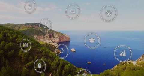 Coastal Cliffs Overlooking Sea with Digital Technology Icons