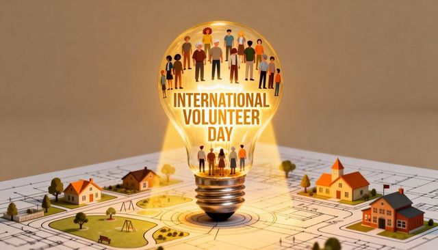 International volunteer day lightbulb illuminating community plan with diverse volunteers