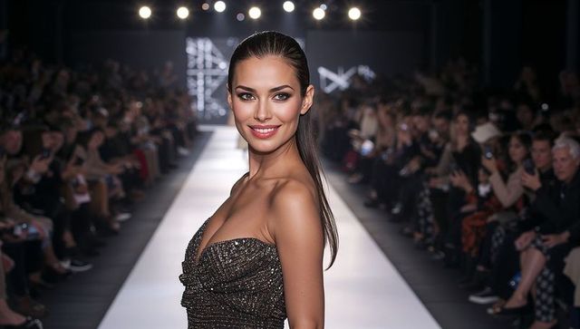 Glamorous model walking runway in sparkling evening gown