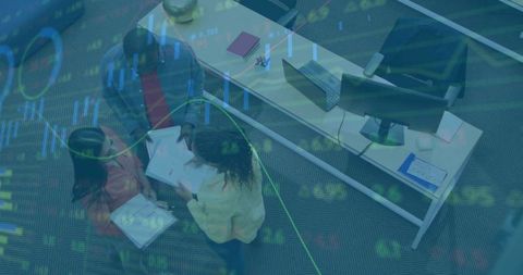 Business Team Discussing Financial Data in Modern Office Over Digital Overlay