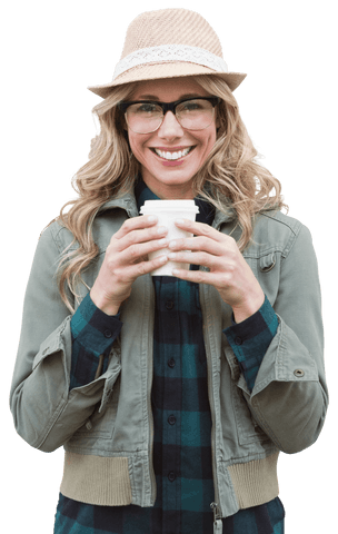 Smiling Woman Wearing Hat Drinking Takeaway Coffee Transparent Background