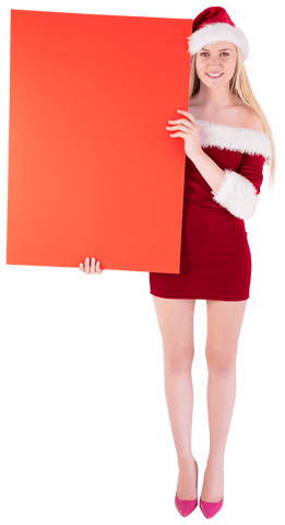 Festive blonde holding transparent red poster for holiday sales