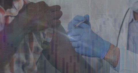 Doctor Administering Vaccine Overlayed with Data Graphics