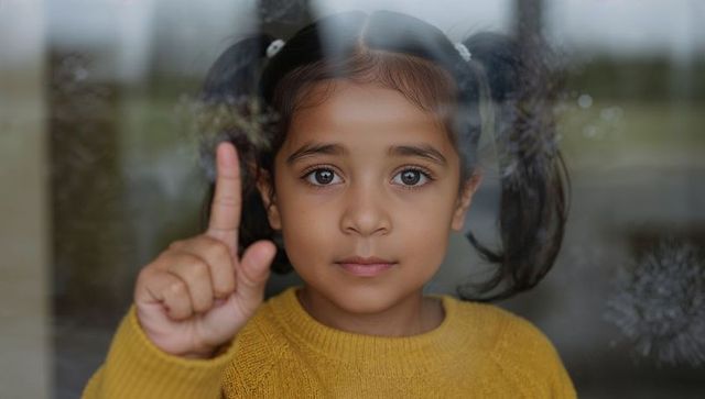 Curious child pressing finger to window, gazing through reflective glass wearing mustard sweater