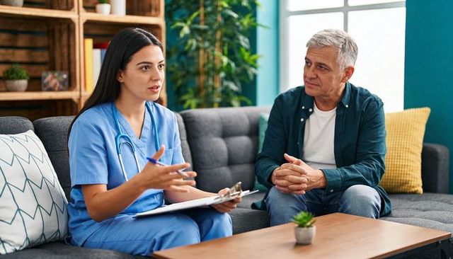 Nurse consulting with older man on sofa, discussing care plan with clipboard and stethoscope