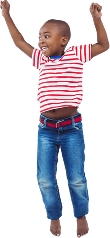 Smiling child jumping joyfully on transparent background