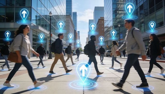 Urban commuters navigating smart city with ar location pins and mobility overlay