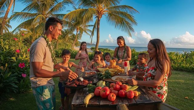 Multigenerational family grilling and celebrating on tropical beach lawn at sunset