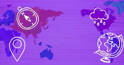 Illustrated global travel and mapping icons over abstract world map