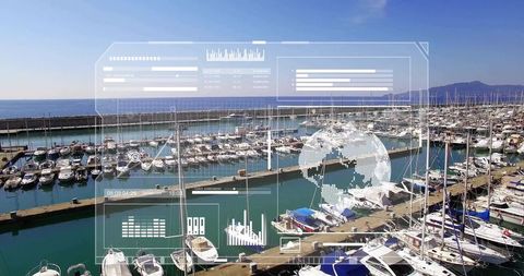 Aerial marina with moored sailboats and motorboats with augmented reality hud overlay
