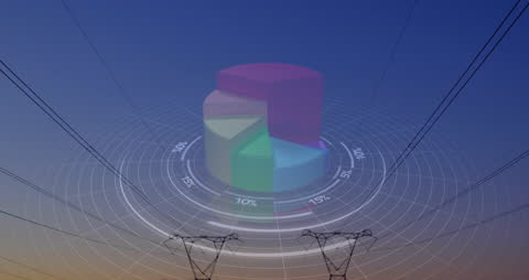 Energy Finance Concept with Graphs and Power Lines at Sunset