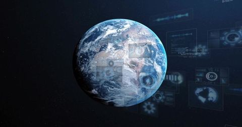 Earth Globe Displaying Holographic Data Dashboards and Analytics in Space