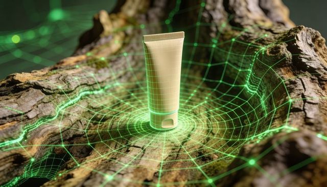 Standing squeeze tube on wood stump surrounded by neon holographic wireframe grid
