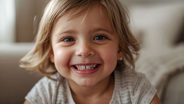 Beaming preschool girl smiling closeup on sofa by window wearing striped tee and stud earring