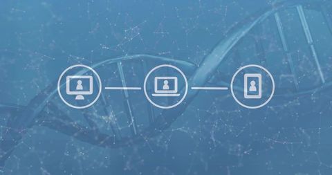 Linked devices over dna helix network representing genomic data sharing and bioinformatics