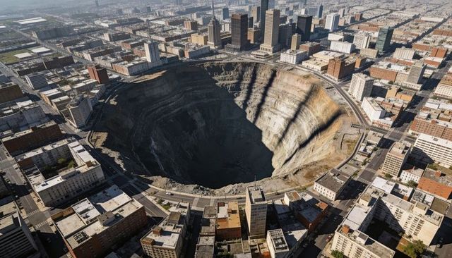 Massive circular sinkhole swallowing downtown grid, terraced walls, tower shadows