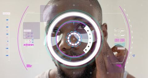 Gazing man interacting with circular AR HUD biometric interface, futuristic wearable tech