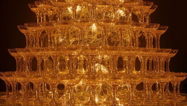 Glowing champagne coupe tower forming golden pyramid with sparkling mirrored reflections