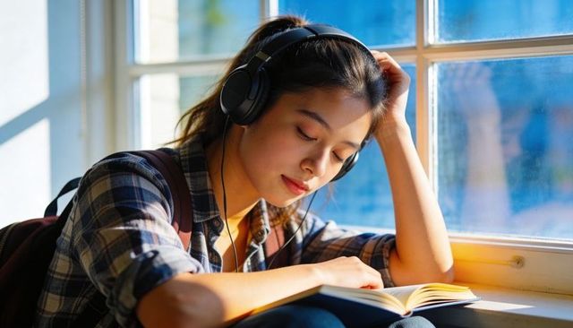 Sunlit student reading with headphones in cozy window nook, studying and relaxing
