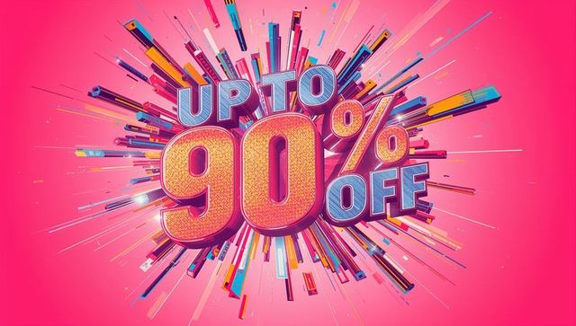 Exploding up to 90% off sale typography bursting with glitter numerals on vibrant pink