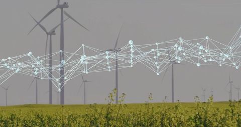 Wind Turbines with Digital Network Overlay in Yellow Crop Field