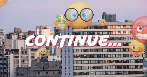 Playful Emoji Overlay on Cityscape Sky