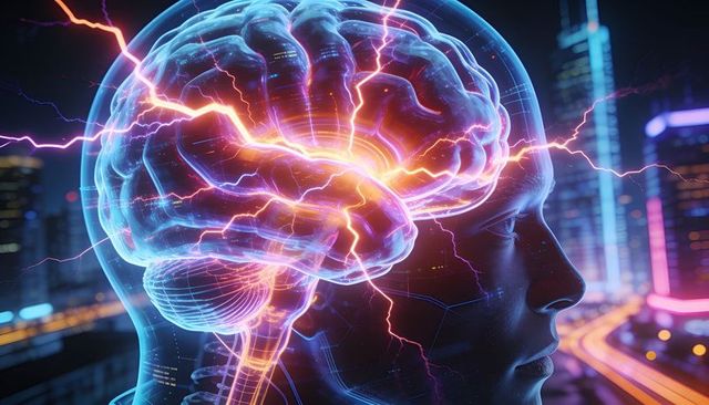 Neon brain network lighting urban future — glowing neural circuitry in translucent head