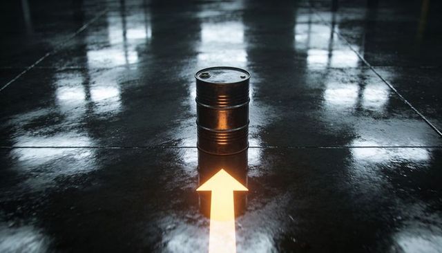 Glowing arrow marking industrial drum on wet reflective concrete floor