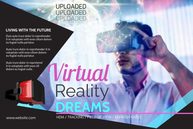 Man Experiencing Virtual Reality with VR Headset in Innovative Tech Environment - Download Free Stock Templates Pikwizard.com