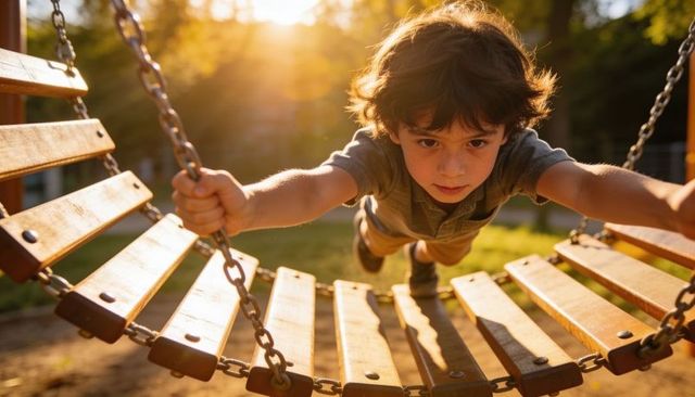 Leaning boy gripping chains on wooden swing during golden hour playground action