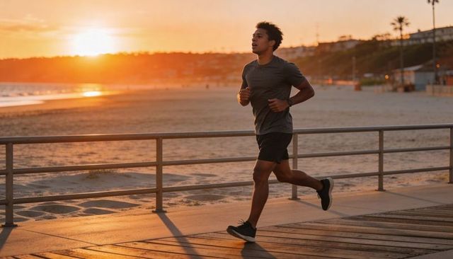 Young man running along coastal boardwalk at sunset jogging for fitness at golden hour