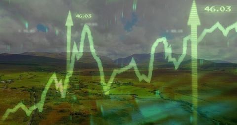 Neon Financial Chart Overlay on Scenic Valley Landscape