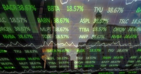 Digital Ticker Overlay on City Skyline at Dusk