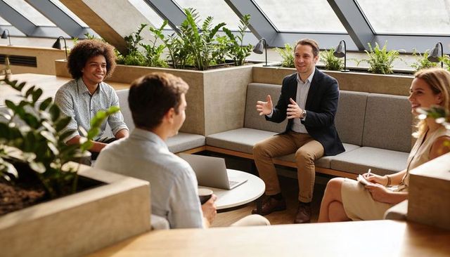 Leading collaborative meeting in modern office lounge with skylight and laptop