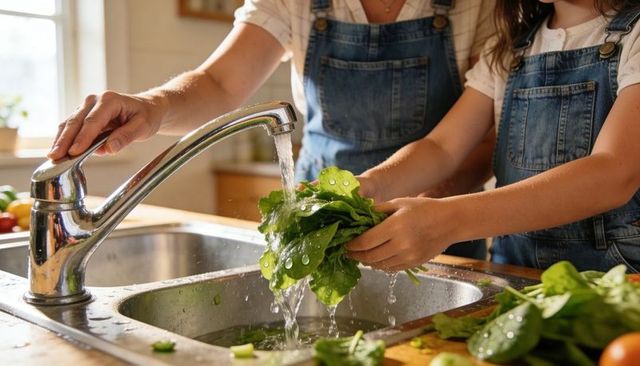 Mother and child washing spinach at kitchen sink teaching healthy cooking and food safety
