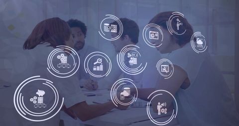 business team discounting reports with transparent tech overlay - Download Free Stock Images Pikwizard.com