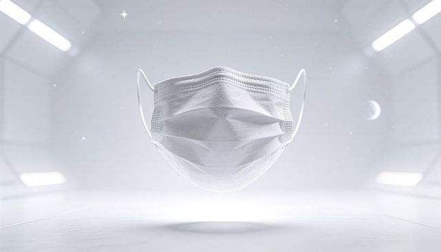 Floating white surgical mask hovering in futuristic sterile studio with crescent moon