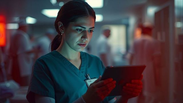 Focused Nurse Using Tablet in High-Tech Hospital Corridor