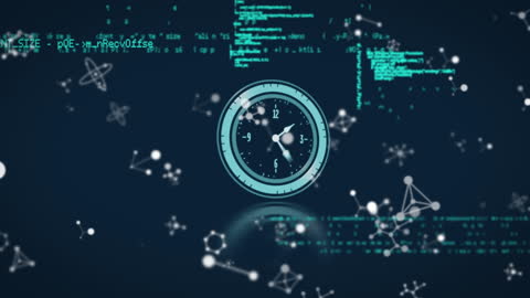 Digital Clock Amidst Data Streams on Abstract Blue Background