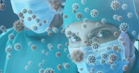 Medical Professionals Wearing Masks with COVID-19 Virus Conceptual Overlay