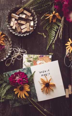 Rustic floral stationery with august magic letterpress, wildflowers, ferns and craft supplies