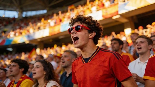 Male fan shouting in red jersey and sunglasses at crowded stadium during sunny match
