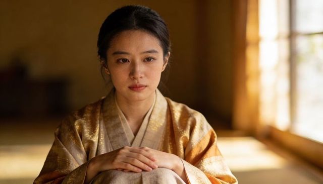 Sunlit contemplative woman sitting in gold kimono meditating on tatami with shoji screens