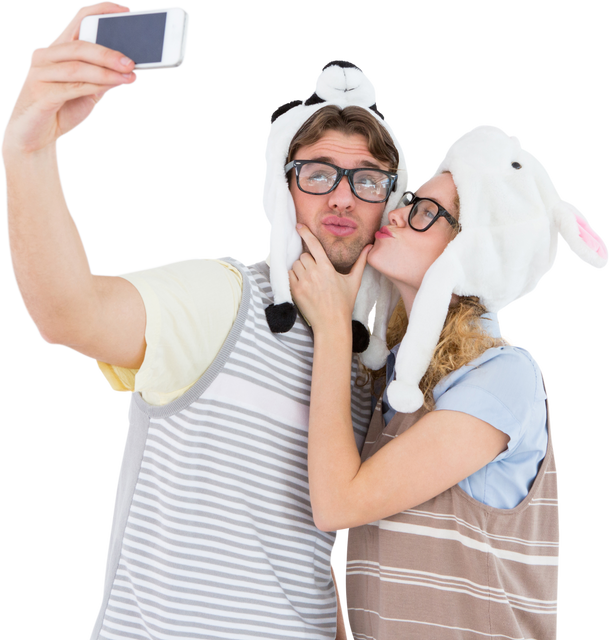 Geeky Hipster Couple Taking Selfie with Smartphone Isolated on Transparent Background - Download Free Stock Videos Pikwizard.com