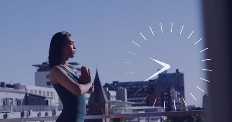 Peaceful woman meditating with clock overlay in urban view
