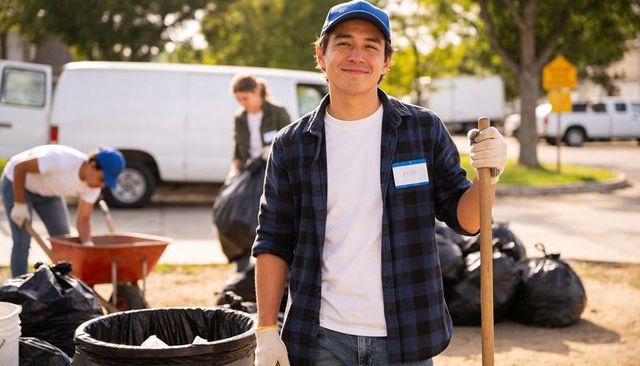 Community volunteer smiling holding rake during neighborhood clean up with trash bags