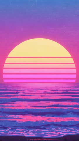 Looping Synthwave Ocean Sunset Showing Striped Neon Sun Reflecting on Magenta Waves