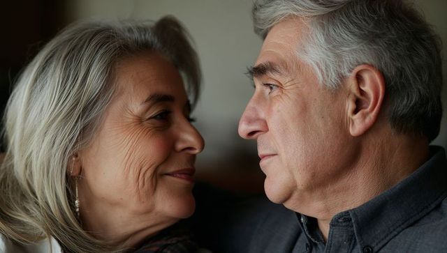 Senior couple sharing warm gaze and intimate moment at home closeup portrait of timeless love