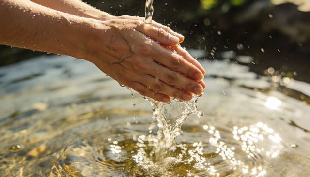 Sunlit hands catching stream of water over shallow pool with rippling reflections